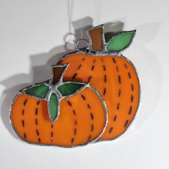 Stained Glass Pumpkin Sun Catcher Jack O'Lantern Window Hanger Set 2 Halloween - Picture 4 of 6